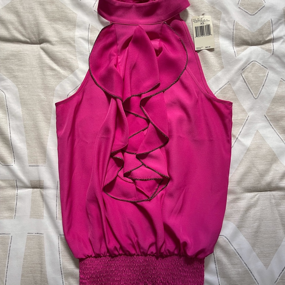 NWT Guess Hot Pink Ruffle Smocked Halter Top - Picture 1 of 6